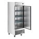 An Avantco silver reach-in freezer with a black door open.