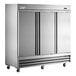 An Avantco stainless steel reach-in refrigerator with solid doors on wheels.