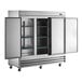 A stainless steel Avantco reach-in refrigerator with solid doors and shelves.