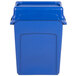 A blue Rubbermaid Slim Jim rectangular trash can with a blue lid.