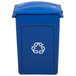 A blue Rubbermaid recycling bin with a blue slotted lid.