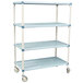 A white and blue MetroMax Q three tiered metal shelving unit on wheels.