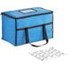 A blue Choice food delivery bag with black straps.