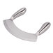 A Winco stainless steel mezzaluna knife with double handles.