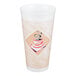 A 20 oz foam cup with a beige and white design featuring a coffee cup graphic on the front.