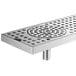 A stainless steel Micro Matic surface mount drip tray with a metal drain with holes.
