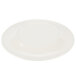A white round melamine plate with a wide ivory rim with a yellow circle on the edge.