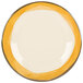 A white melamine plate with a wide ivory rim and a yellow diamond pattern on the edge.