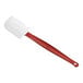 A white and red Rubbermaid high temperature silicone spatula.