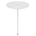 A white round table with a stainless steel pole and a Clipper Mill onion ring tower on top.