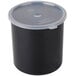 A Carlisle black plastic crock with a clear lid.