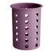 A violet plastic flatware cylinder with holes.