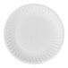 A close-up of a white Choice paper plate with a round rim.