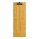 A natural wood Choice menu holder with a metal clip.