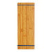 A rectangular natural wood Choice menu holder with blue metal straps.