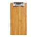 A Choice natural wood menu holder with a metal clip.