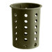 A hunter green plastic flatware cylinder with holes.