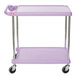 A purple Metro utility cart with two shelves and wheels with metal legs.