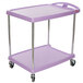 A purple Metro utility cart with two shelves and wheels.