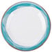 A close-up of a GET Kanello white melamine plate with a blue edge.