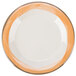 A white melamine plate with a wide rim and an orange edge.