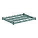 A green metal dunnage shelf with a wire grid on metal rods.