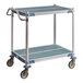A two-shelf utility cart with a metal frame, plastic shelves, and four 5-inch polyurethane casters.