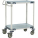A gray MetroMax i utility cart with blue shelves and 5" polyurethane casters.