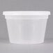 A Pactiv translucent plastic deli container with a lid.
