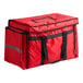 A red heavy-duty insulated soft-sided food delivery bag with black handles and trim, designed to hold six 2 1/2-inch deep full size food pans.