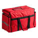 A red nylon heavy-duty insulated soft-sided food delivery bag with black handles and side pockets, designed to hold six 2 1/2-inch deep full size food pans.
