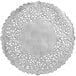 An 8" white lace doily with a floral design.