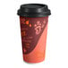 A white paper coffee cup with a red and orange coffee logo and a black lid.