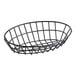 A black iron powder coated oval grid basket with a handle.