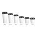 A row of white Choice paper hot cups with black lids.