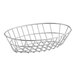 A silver stainless steel oval grid basket with a handle.