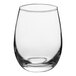 A clear, stemless wine glass with a rounded shape and a 9 oz. capacity.