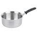 A Vollrath stainless steel sauce pan with a black silicone handle.