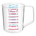 A Rubbermaid clear polycarbonate measuring cup on a counter with red and blue measurement lines.