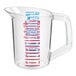 A clear Rubbermaid measuring cup with red and blue writing.