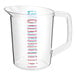 A Rubbermaid clear polycarbonate plastic measuring cup with red and blue writing and handles.