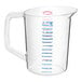 A clear Rubbermaid 2 quart measuring cup with a handle and blue and red measurements.