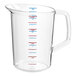 A clear Rubbermaid 4 qt. measuring cup with red and blue writing.