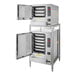 A stack of two Cleveland stainless steel SteamChef floor steamers with open doors.