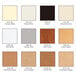 A color and finish sample chart for various laminate options, including whites, greys, blacks, and wood tones, for Structural Concepts products.