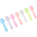A row of Choice neon plastic taster spoons in assorted colors.