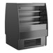 A black Structural Concepts Oasis dual sided air curtain merchandiser with shelves.