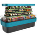 A black Structural Concepts Oasis island air curtain merchandiser with a blue top displaying food and drinks.