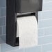 A black toilet paper holder with a white roll of Lavex Premium 2-ply toilet paper.