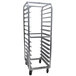 An Advance Tabco aluminum mobile pizza dough box rack with four tiers on wheels.